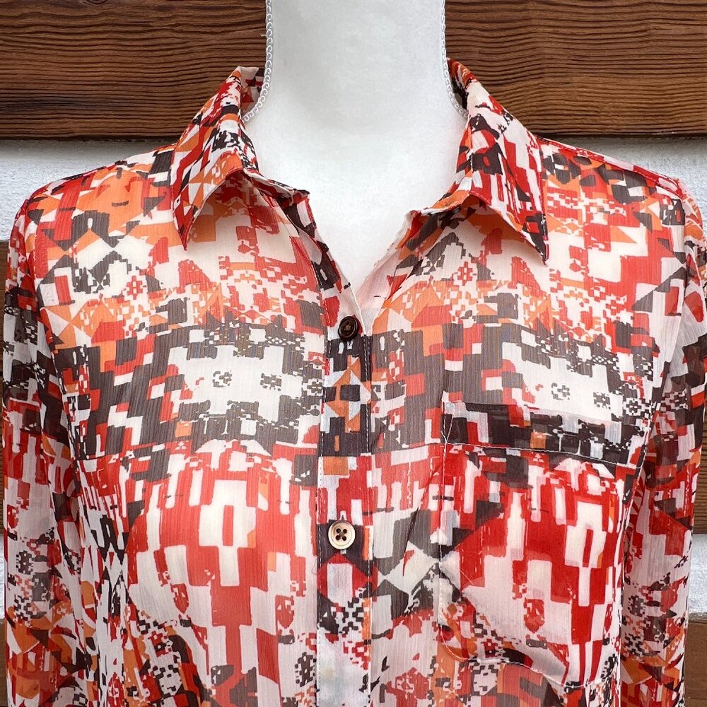 J. JILL Tribal, Geometric, Aztec Button-up Blouse. Orange, Brown Shirt Small S